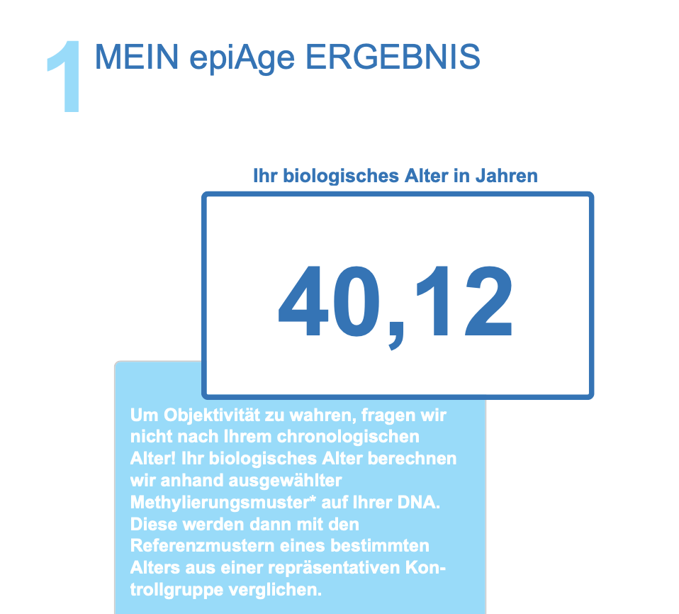 epiAge-Test Ergebnis vor dem Selbsttest: biologisches Alter 40,12 Jahre